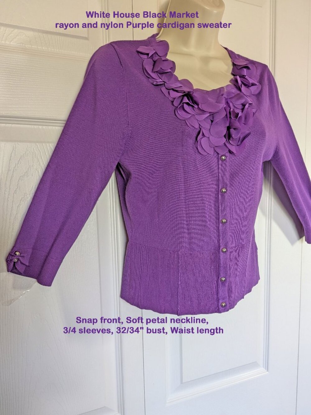 White House Black Market rayon/nylon Purple cardigan, Snaps, Soft petal trim SzS
